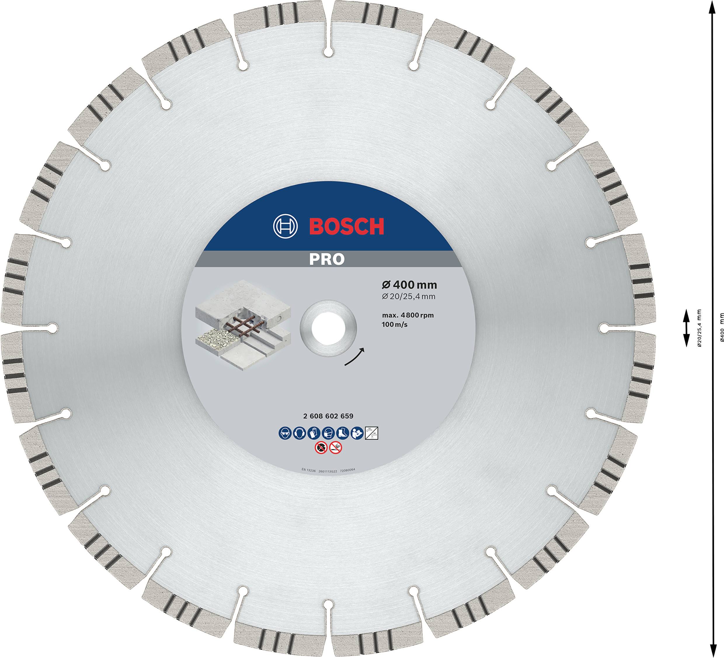 Disco diamantato Bosch, modello PRO, Ø 400 mm, foro 25,4 mm, con segmenti per il taglio preciso di materiali da costruzione.