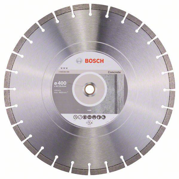 Lama diamantata Bosch per calcestruzzo con diametro di 400 mm, color argento-grigio, con fessure di raffreddamento e stampa 'Concrete'.