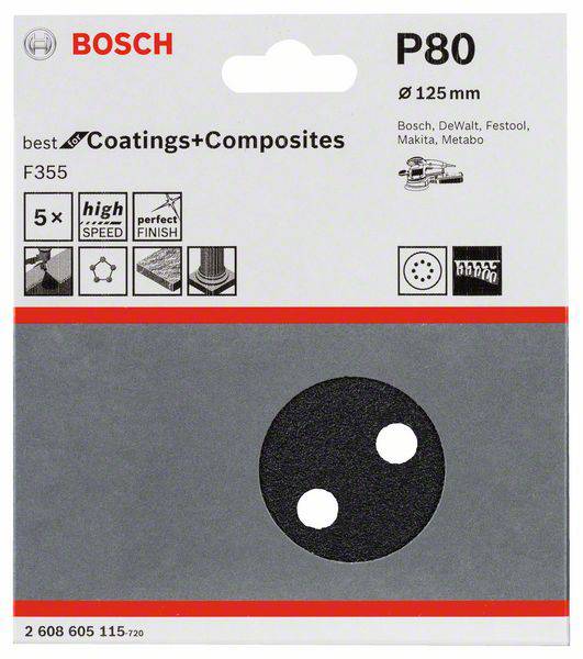 Carta abrasiva Bosch, P80, diametro 125 mm. Adatta per rivestimenti e compositi, compatibile con Bosch, DeWalt, Festool, Makita, Metabo.