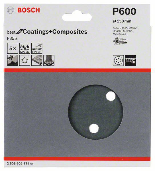 Confezione di disco abrasivo Bosch, modello P600, diametro 150 mm, idoneo per Rivestimenti+Compositi, contenente 5 pezzi.