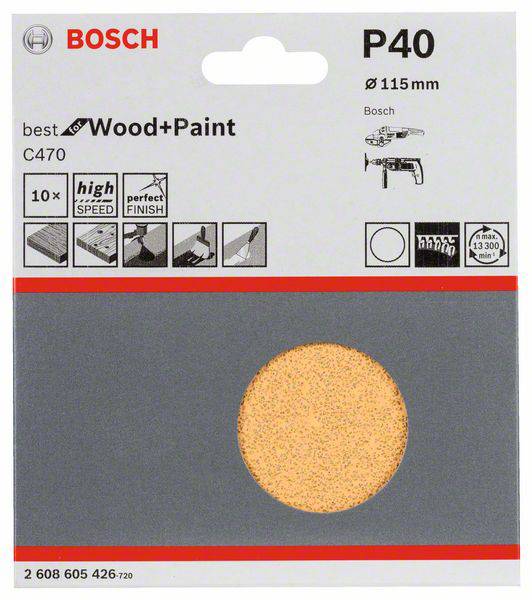 Carta abrasiva Bosch, grana P40, per legno e vernice, diametro 115 mm. Adatta per levigatura ad alta velocità, confezione da 10 pezzi.