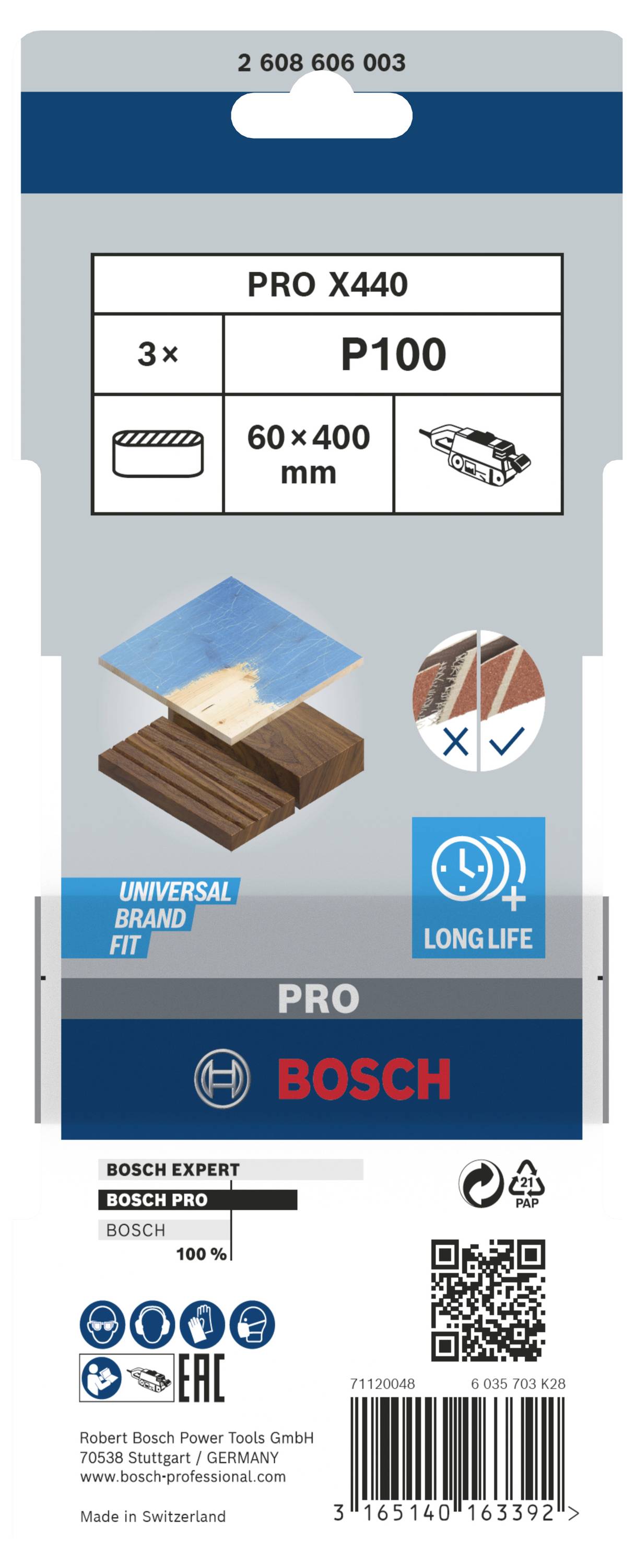 Set di carta abrasiva 'PRO X440', 3 pezzi, grana P100, 60 x 400 mm, per legno. Marca Bosch. Prodotto in Svizzera.