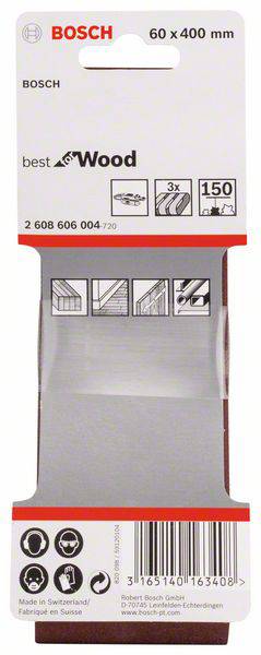 Confezione di carta abrasiva Bosch per legno, 60 x 400 mm, grana 150, adatta a diverse superfici, Prodotto in Svizzera.