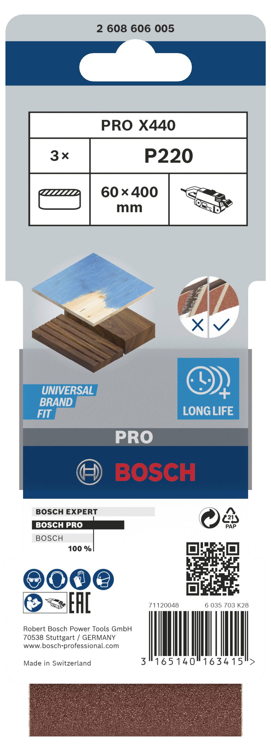 Carta abrasiva 'PRO X440', grana P220, 60x400 mm, adatta per legno. Contiene 3 pezzi, durevole, compatibilità universale con marche.