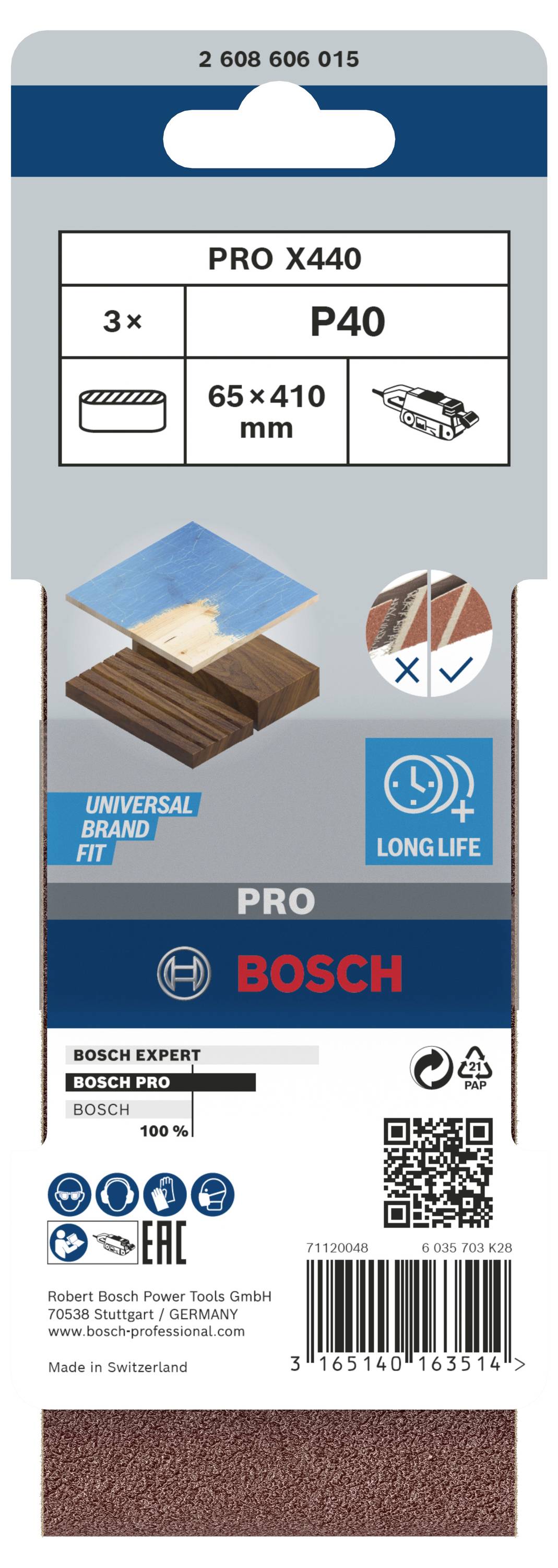 'Carta abrasiva Bosch PRO X440', 3 fogli, grana P40, 65 x 410 mm. Adatta per legno, resistente, compatibilità universale.