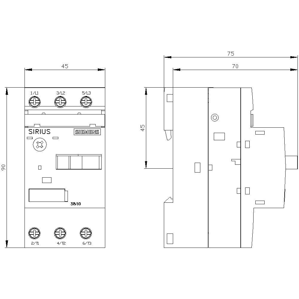Disegno tecnico di un modulo di protezione, vista frontale e laterale, con misure in millimetri: altezza 90, larghezza 45, profondità 75.