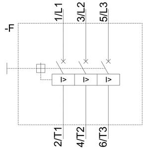 'Schema di collegamento del trasformatore con sei terminali, etichettati come 1/L1, 2/T1, 3/L2, 4/T2, 5/L3, 6/T3; mostra la direzione del flusso.'