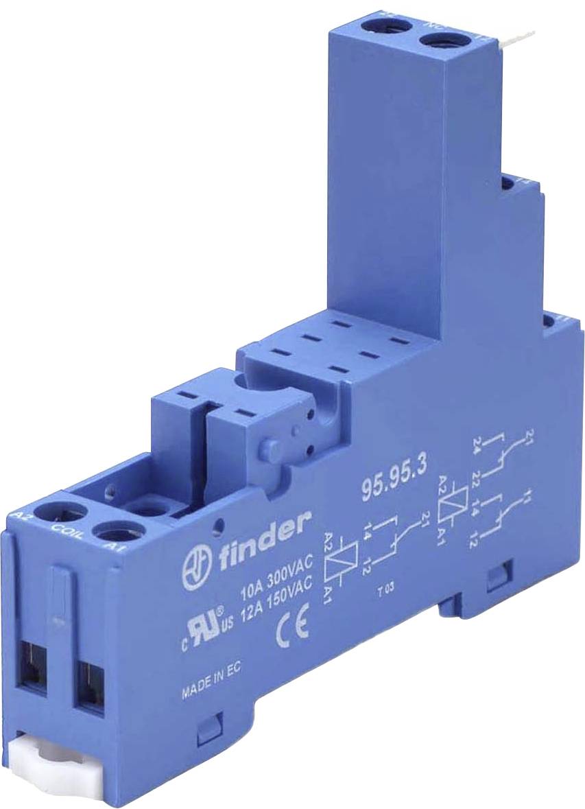 Un socket relè blu contrassegnato 'Finder', con più punti di connessione e diagrammi per configurazioni di cablaggio. Classificato 10A 300VAC, 12A 150VAC.