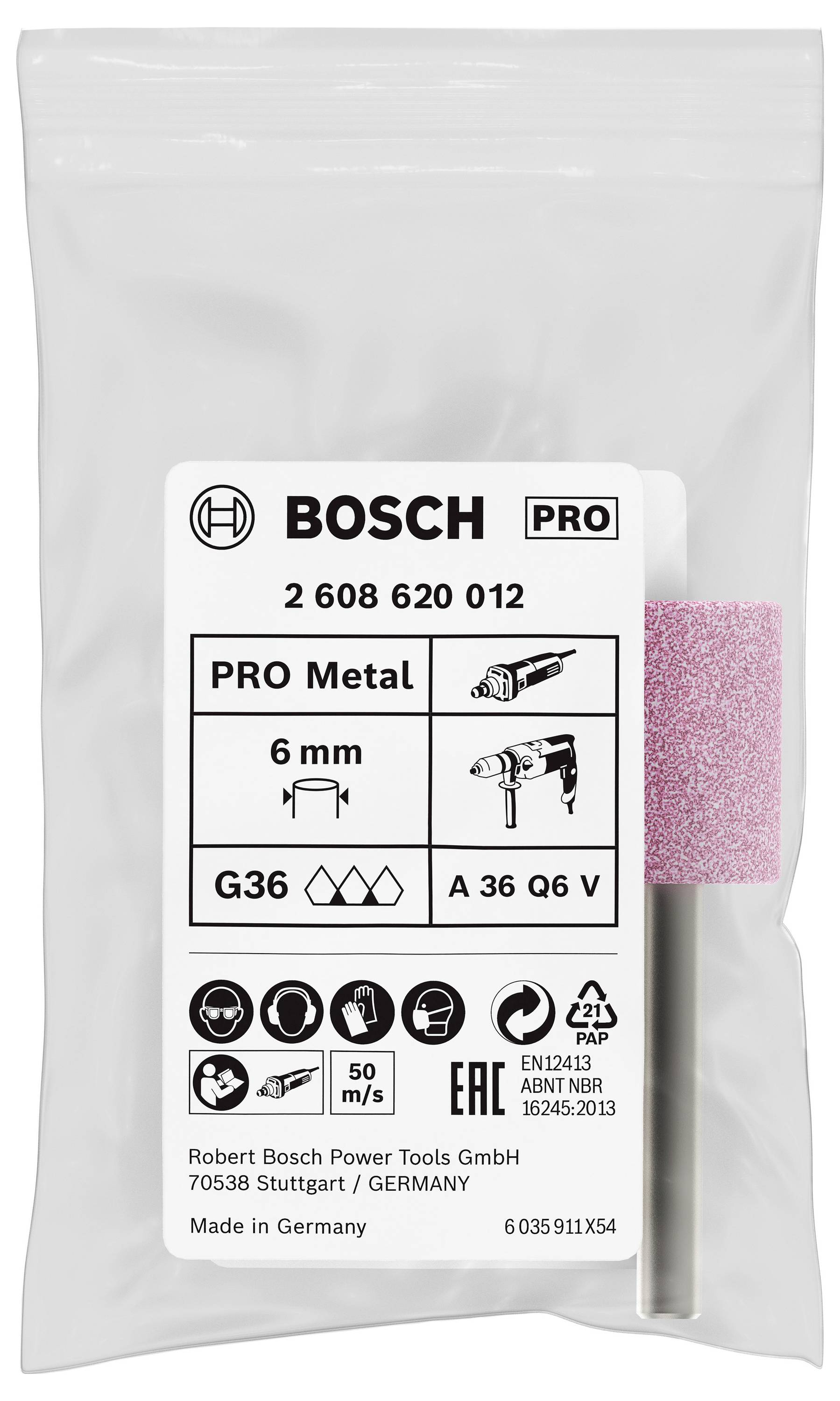 Sacchetto con accessorio abrasivo Bosch Pro Metal, 6 mm, adatto per diversi utensili, in rosa. Prodotto in Germania.