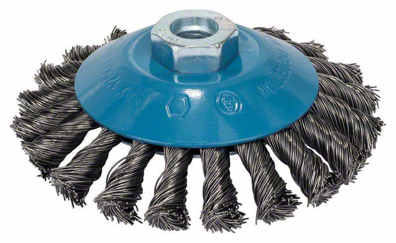 Spazzola metallica con custodia blu, idonea per la rimozione di ruggine e vernice su superfici metalliche.