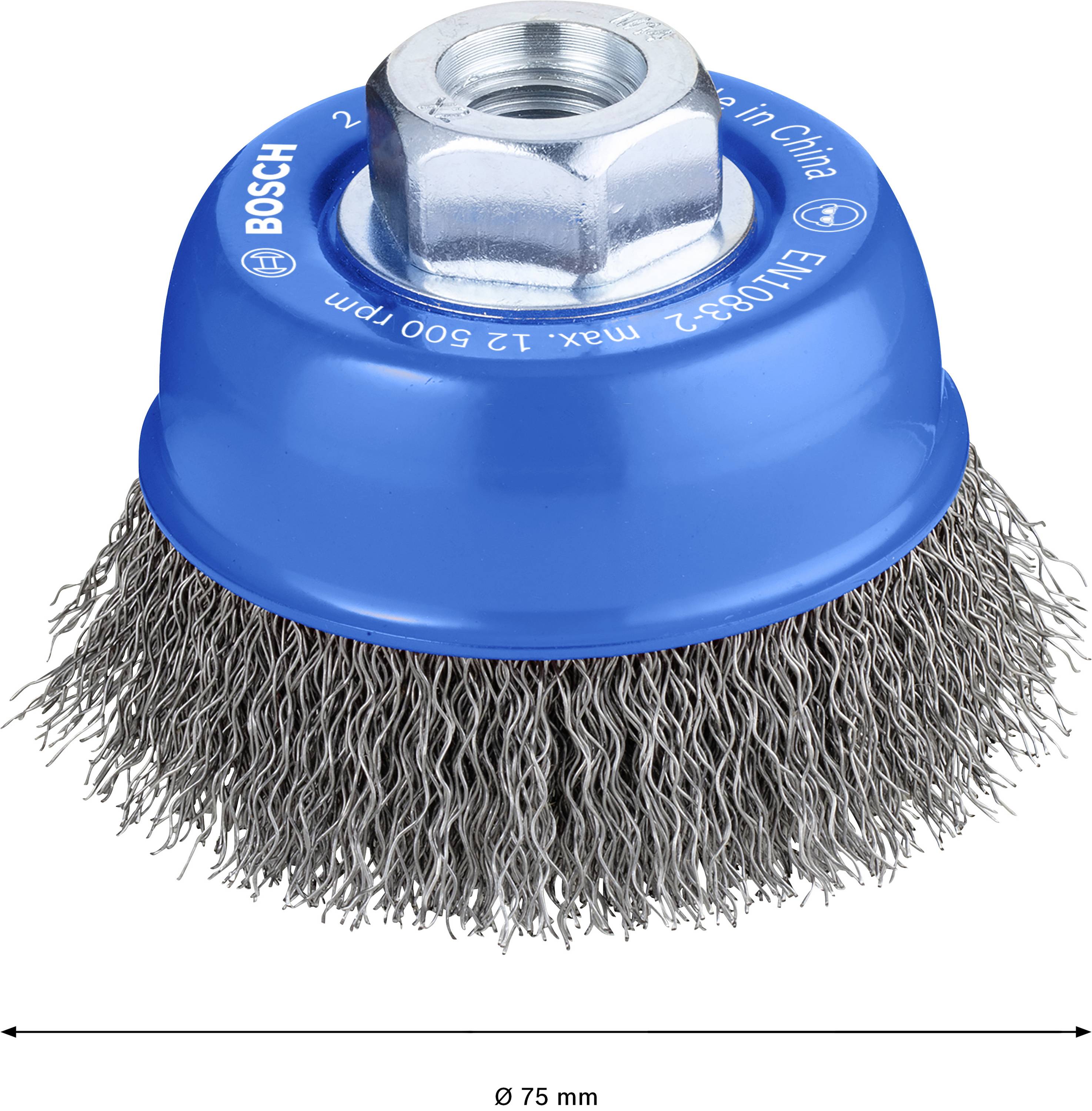 Una spazzola metallica blu Bosch per smerigliatrice angolare con diametro di 75 mm, per la rimozione di ruggine e vernice, max. 12.500 giri/min.