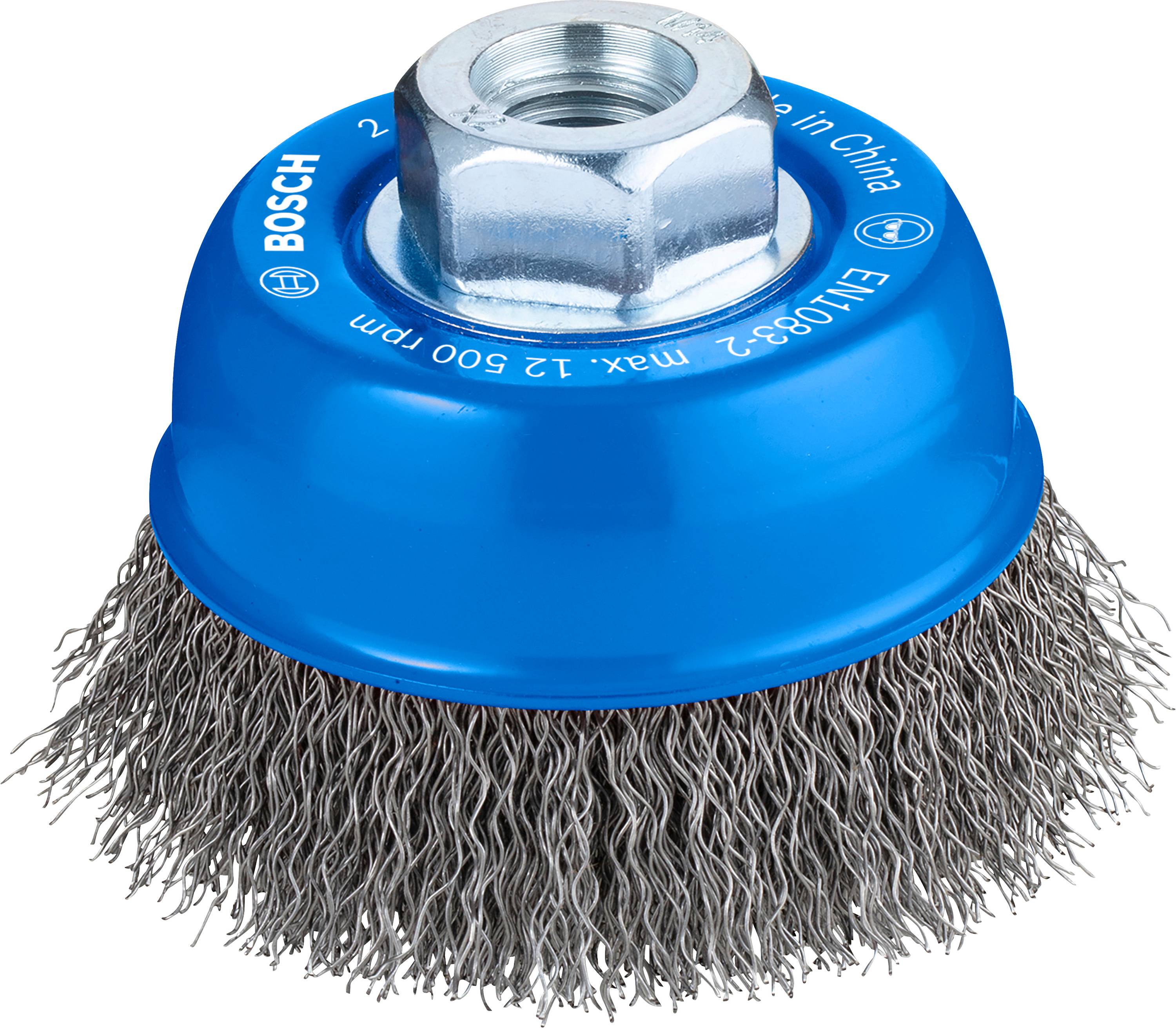Spazzola rotante blu Bosch in metallo con struttura di setole a fili, sviluppata per la pulizia o la levigatura.