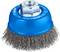 Spazzola rotante blu Bosch in metallo con struttura di setole a fili, sviluppata per la pulizia o la levigatura.
