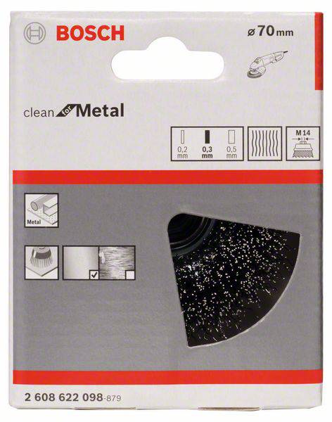Confezione per spazzola metallica Bosch, Ø 70 mm, raffigurante l'immagine della spazzola e fornente informazioni sui diametri e sulle applicazioni.