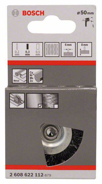 'Spazzola metallica Bosch, diametro 50 mm, adatta per metallo, rame, nichel, ottone, zinco. Disponibili diverse finiture.'