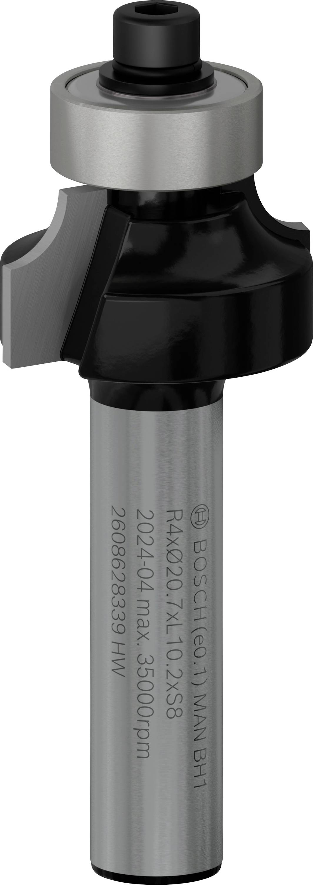 Fresa con rivestimento metallico grigio e testa nera. Adatta per la fresatura di bordi e profili in legno o materiali plastici.