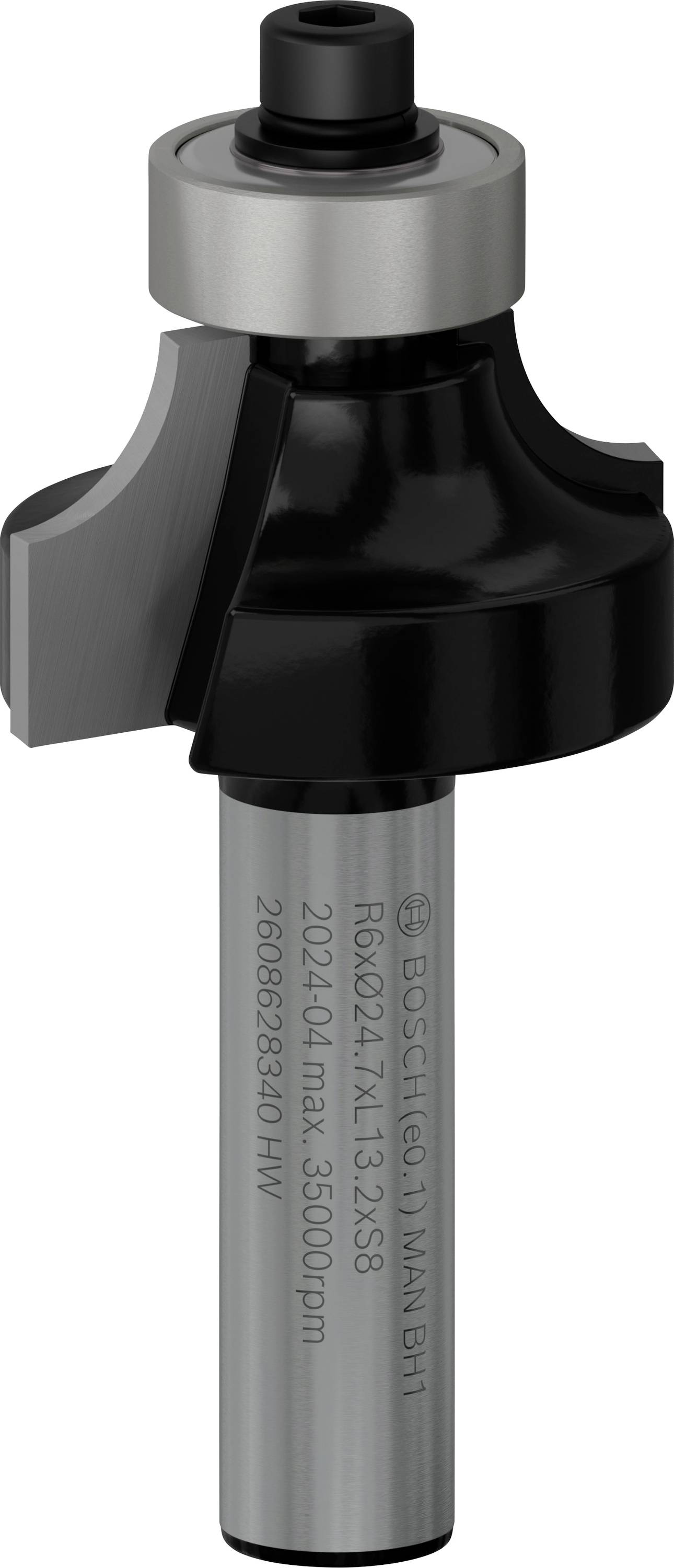 Fresa con testa nera e gambo grigio, con etichette che mostrano il numero del modello e le specifiche. Strumento principale per la lavorazione del legno.