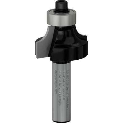 Fresa con testa nera e gambo grigio, con etichette che mostrano il numero del modello e le specifiche. Strumento principale per la lavorazione del legno.