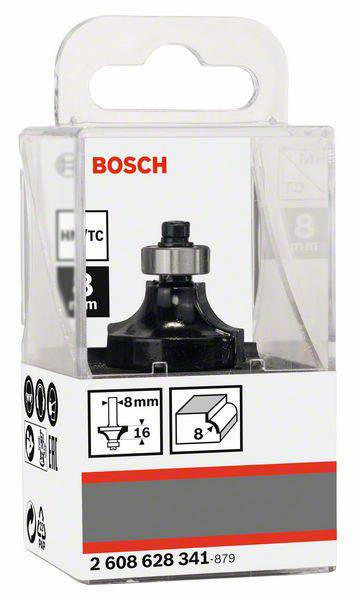 Bosch confezionamento con fresa. Utensile con diametro di 8 mm. Contiene dettagli del prodotto e specifiche tecniche sulla confezione.