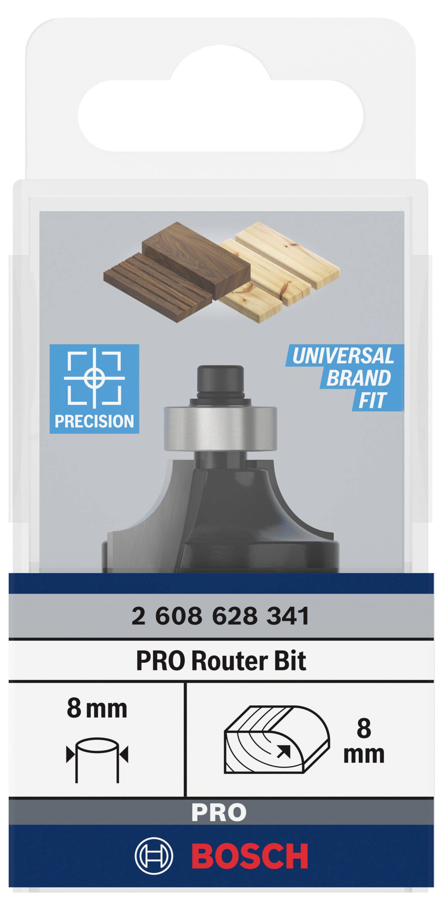 Confezione di una punta fresatrice Bosch PRO, 8 mm, precisa, compatibile con utensili universali, mostra dischi di legno in due colori.