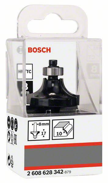 Una confezione di una fresa Bosch, con diametro di 8 mm, adatta per la lavorazione del legno. Contiene dettagli tecnici ed esempi di applicazione.