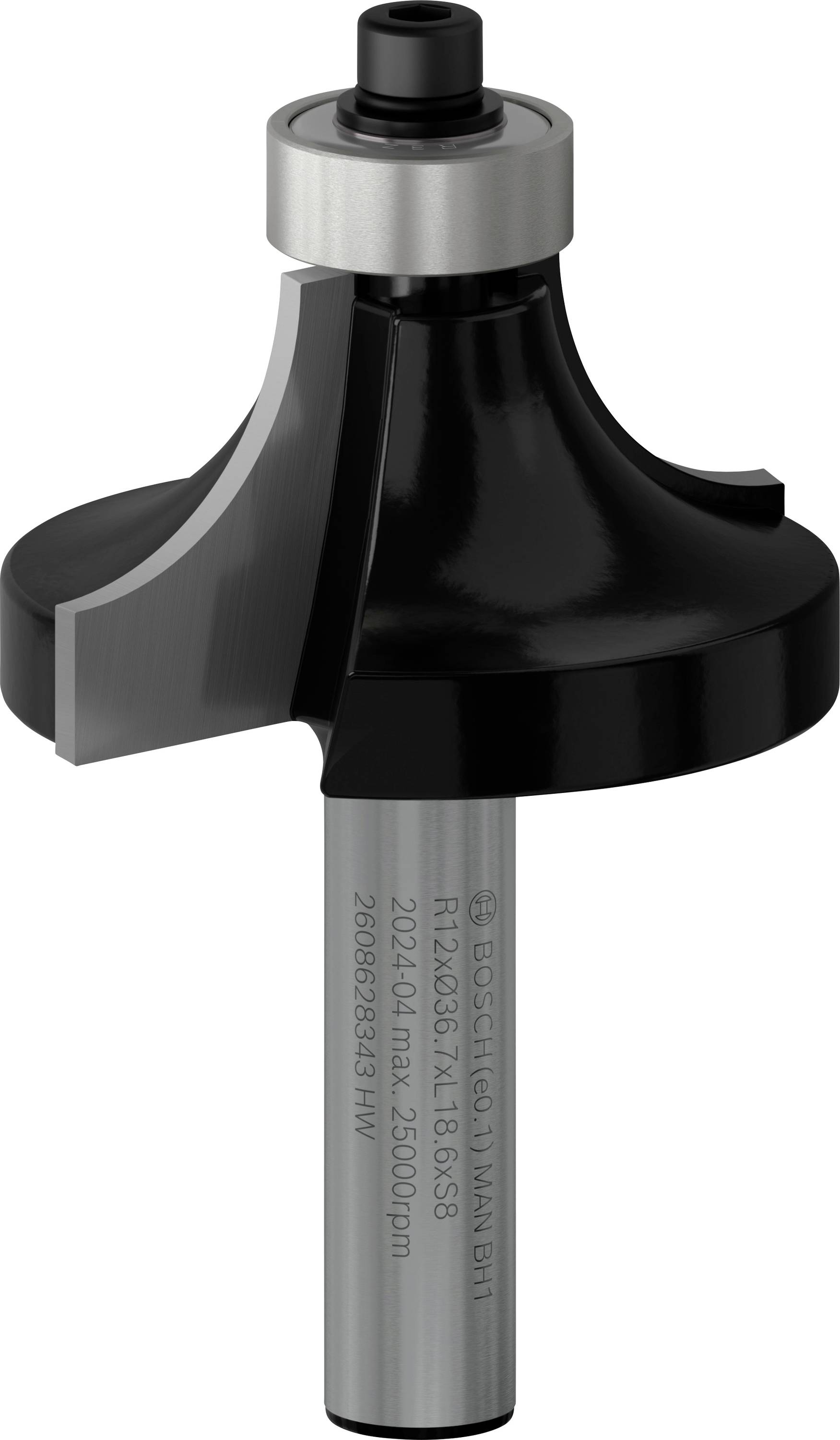 Fresa a raggio con cuscinetto a sfera, adatta per lavori in legno. Iscrizione: max. 15.000 giri/min, R12,7mm x 18,6mm, H2.