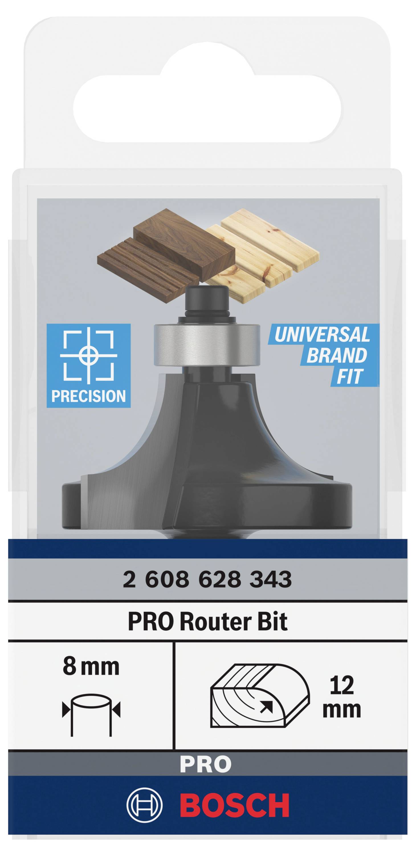 'PRO Router Bit' di Bosch, con diametro gambo di 8 mm e larghezza di taglio di 12 mm, adatto per lavorazioni del legno di precisione.