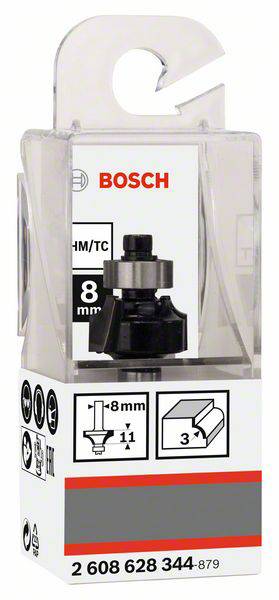 Fresa Bosch HM/TC, diametro dell'asse da 8 mm, confezionata in una scatola di plastica trasparente. Adatta per lavori in legno.