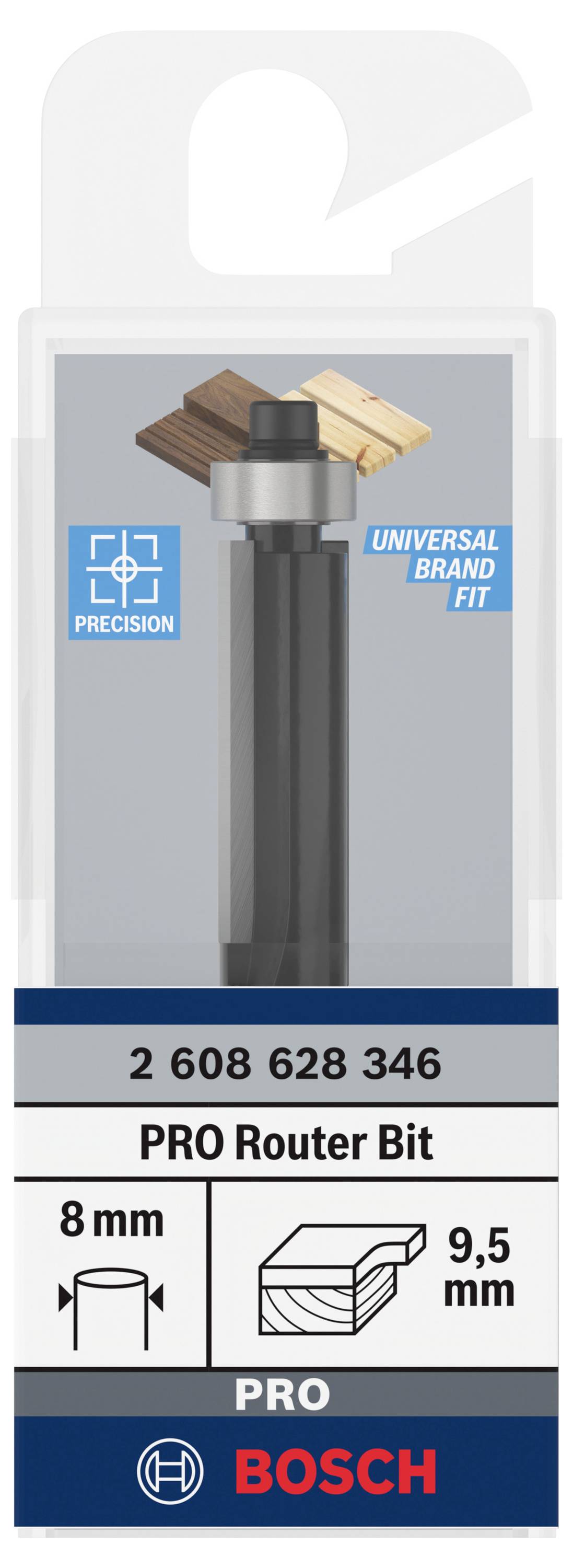 'Frese PRO, 8 mm, 9,5 mm' è scritto sulla confezione. Adatto per la lavorazione del legno. Marcatura: 'Universal Brand Fit'.