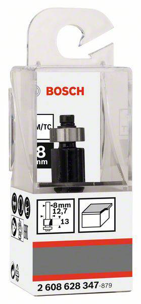 Confezione di una fresa Bosch. Mostra la fresa in un contenitore trasparente in plastica, con dimensioni: diametro 8 mm, altezza 12,7 mm.