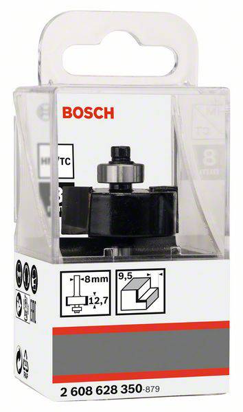 Confezione per una fresa Bosch con la scritta '8 mm 12,7 mm'. Contiene l'immagine della fresa e simboli per le aree di applicazione.