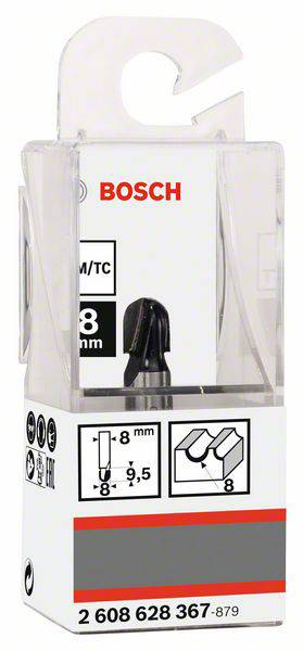 Display Bosch di fresa in confezione, mostra una fresa da taglio da 8 mm. La confezione enfatizza il marchio e la dimensione dell'utensile.