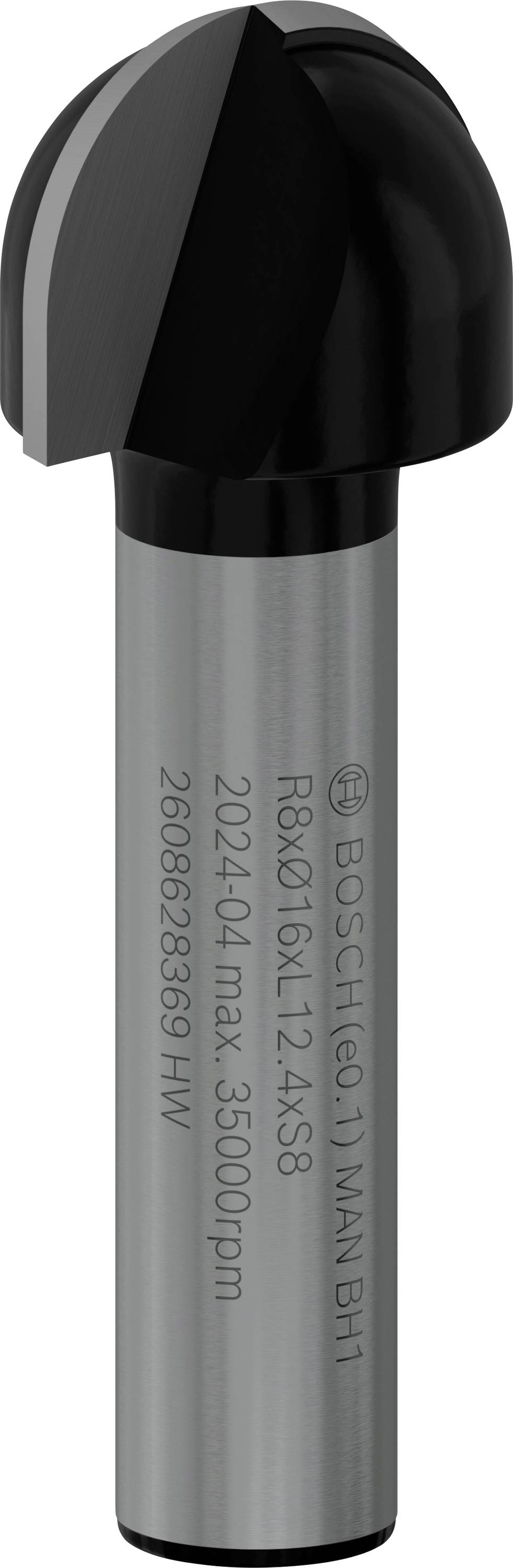 'Immagine di un fresatore Bosch. Dettagli sulla superficie: R8x10K, 12.4xS8, 2024/04, max. 35000 giri/min, 2 608 628 369 HW.'