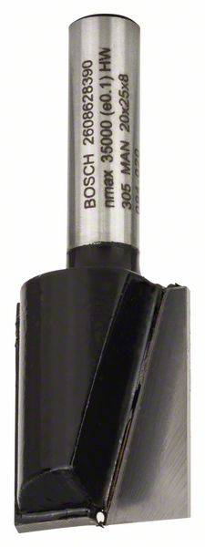 Fresa superiore con asta cilindrica e taglio nero, adatta per lavori in legno, riportante la scritta 'BOSCH' e specifiche tecniche.