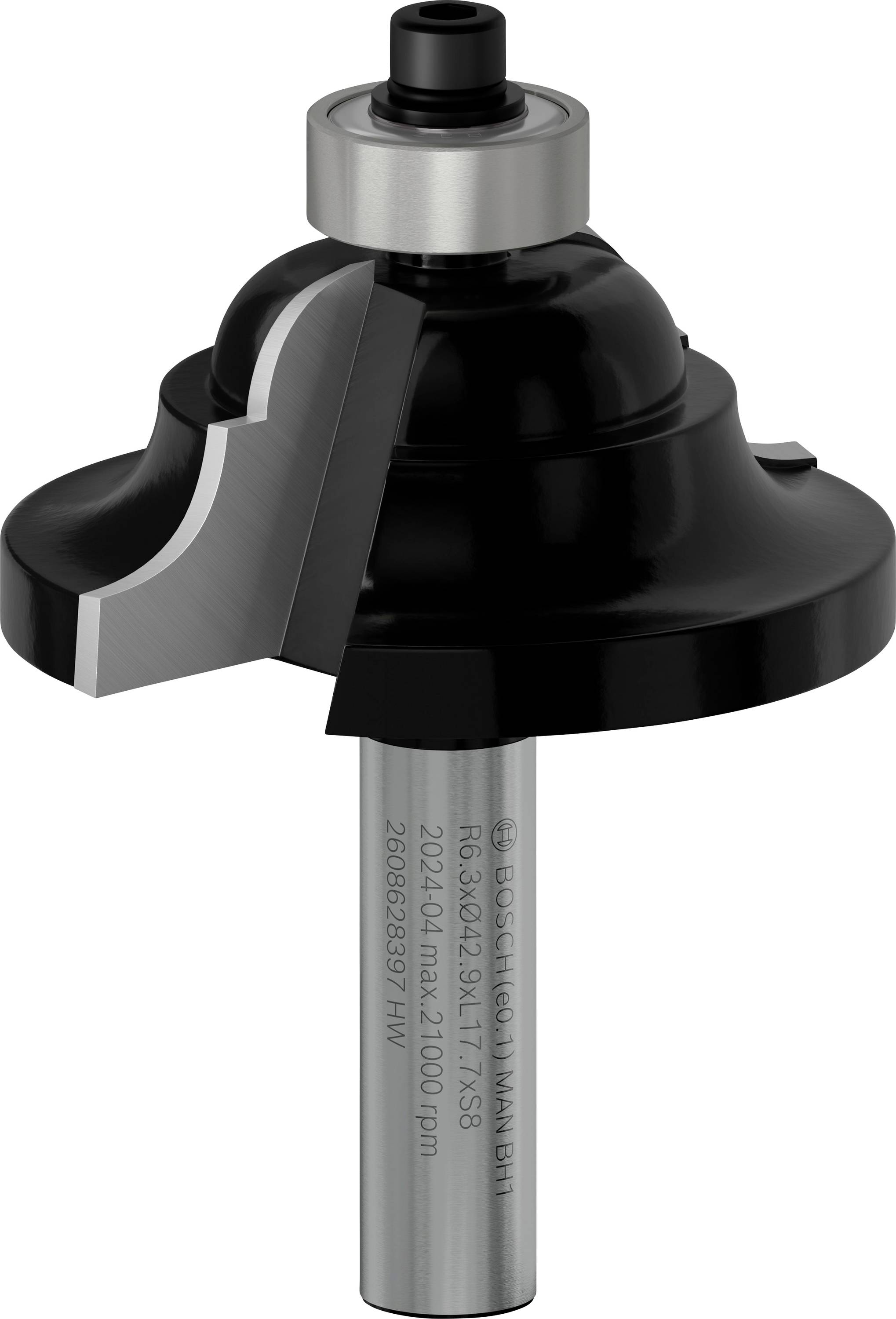 Un fresa nero e argento per lavorazioni del legno con taglio affilato e cuscinetto di sicurezza, idoneo per lavorazioni di fresatura precise.