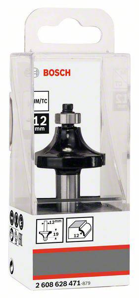 Una scatola Bosch con una fresa da 12 mm per bordi. La confezione mostra dettagli e specifiche sul tipo e sulla dimensione della fresa.