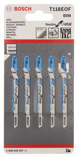Cinque lame per seghetto alternativo Bosch, modello T118EOF, adatte per il metallo, su una scheda di imballaggio. Compatibili con diversi marchi di utensili.