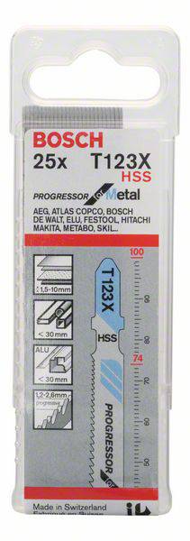 Confezione per lame per seghetto alternativo Bosch T123X, adatte per metallo, Progressor for Metal, 25 pezzi, con scala delle misure e istruzioni per l'uso.