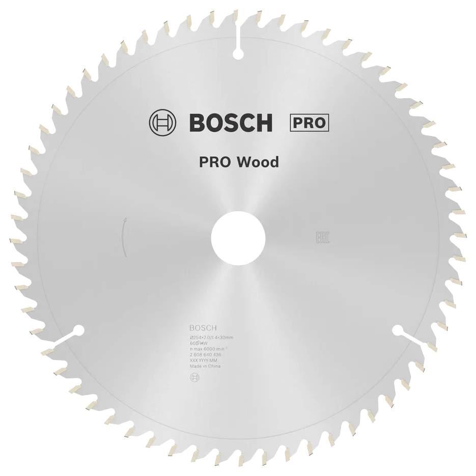 Lama per sega circolare etichettata 'BOSCH PRO Wood', progettata per il taglio del legno, con denti affilati lungo il bordo per prestazioni efficienti.