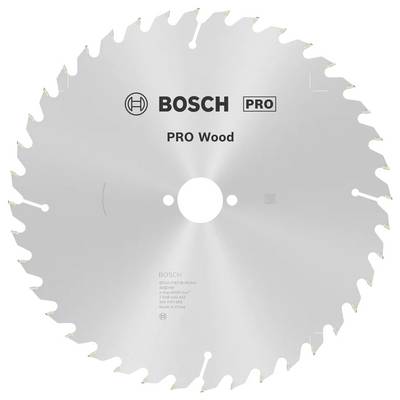 Una lama circolare per sega Bosch PRO con denti affilati, progettata per tagliare il legno, che presenta il logo Bosch e i dettagli del prodotto stampati su di essa.