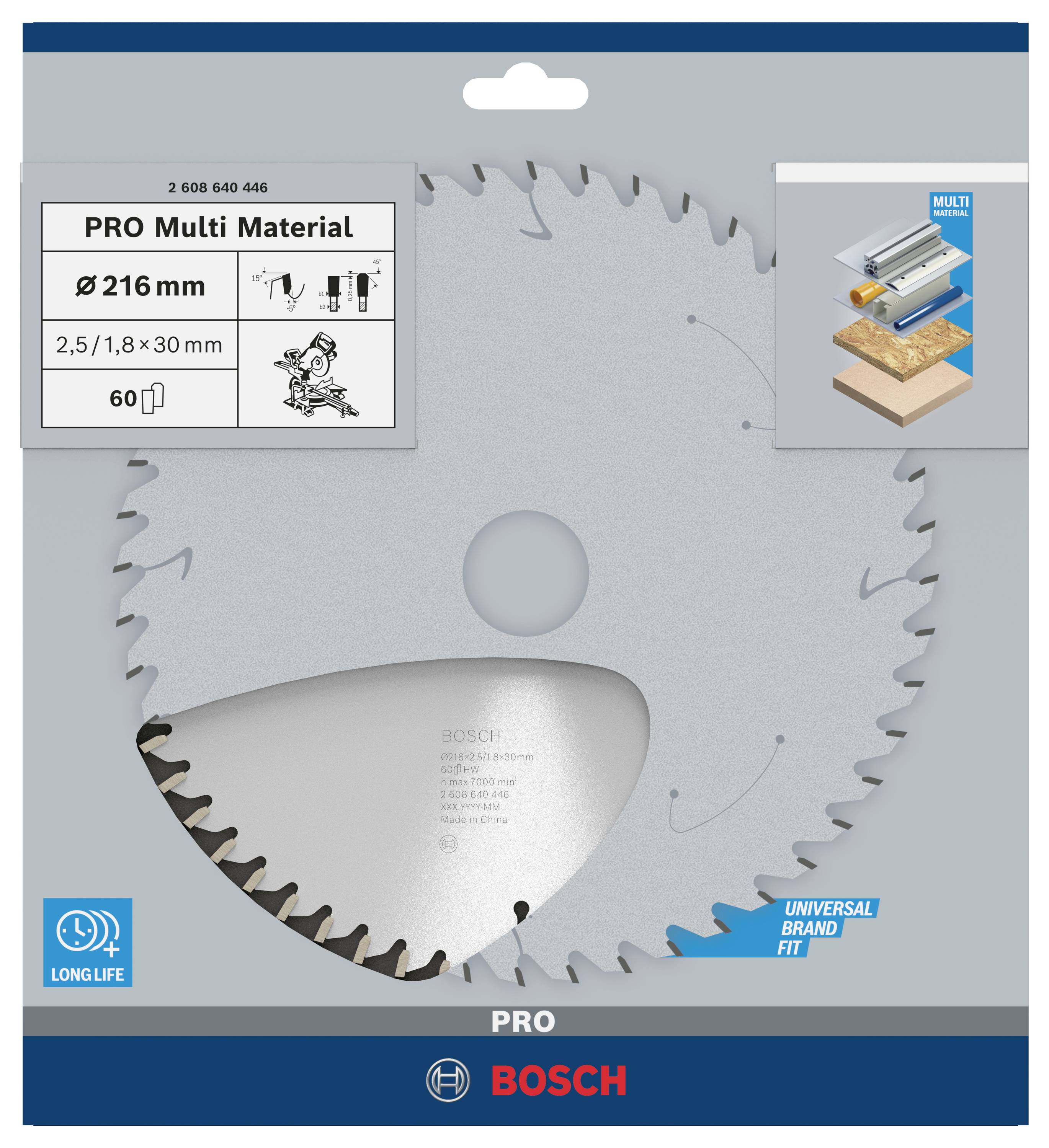 Lama per sega Bosch Pro Multi Material, diametro 216 mm, 60 denti, adatta per diversi materiali, durevole.