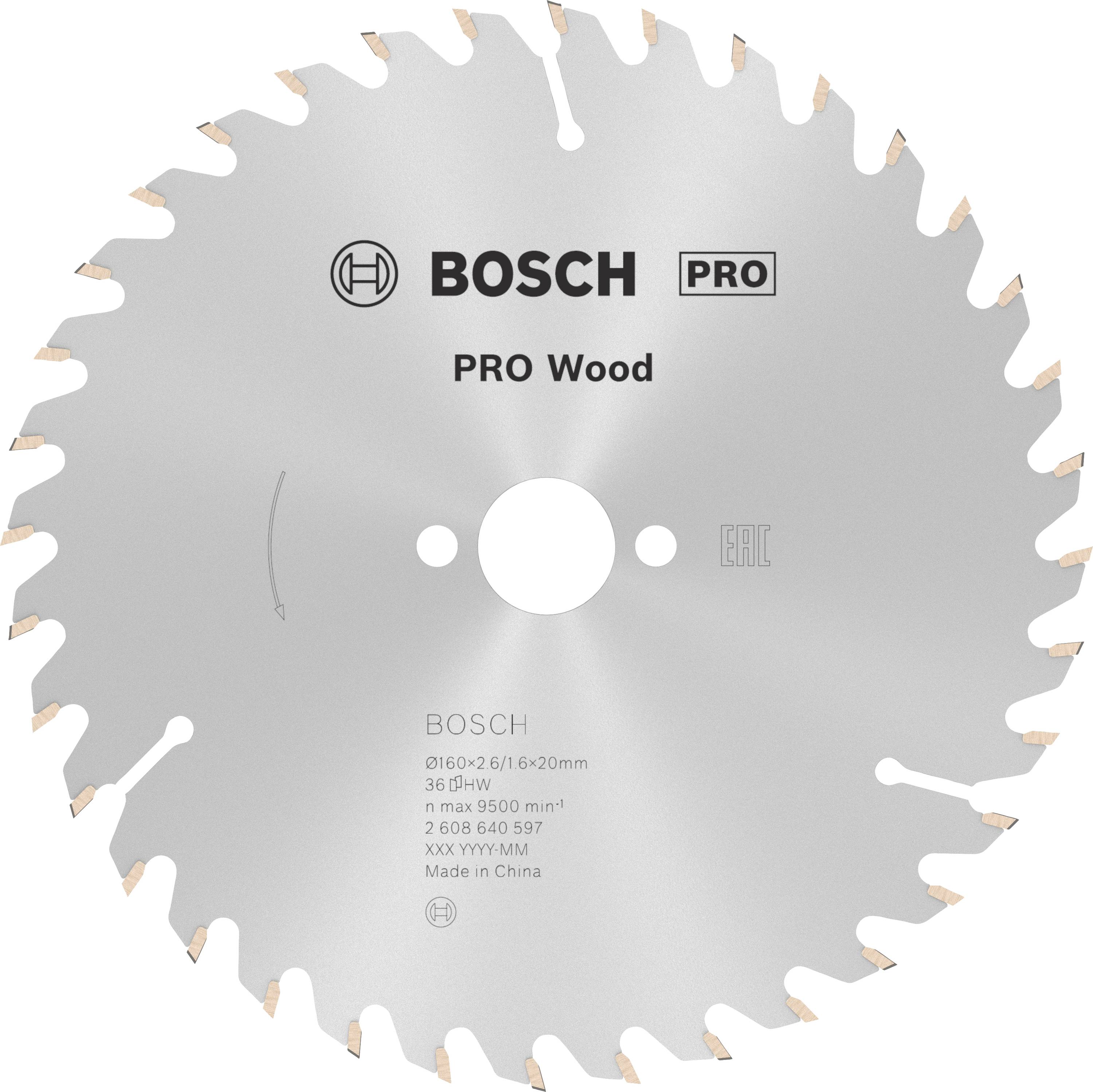 Lama per sega circolare con la scritta 'BOSCH PRO Wood'. Metallo argentato con bordi dentellati, adatto per lavori in legno.