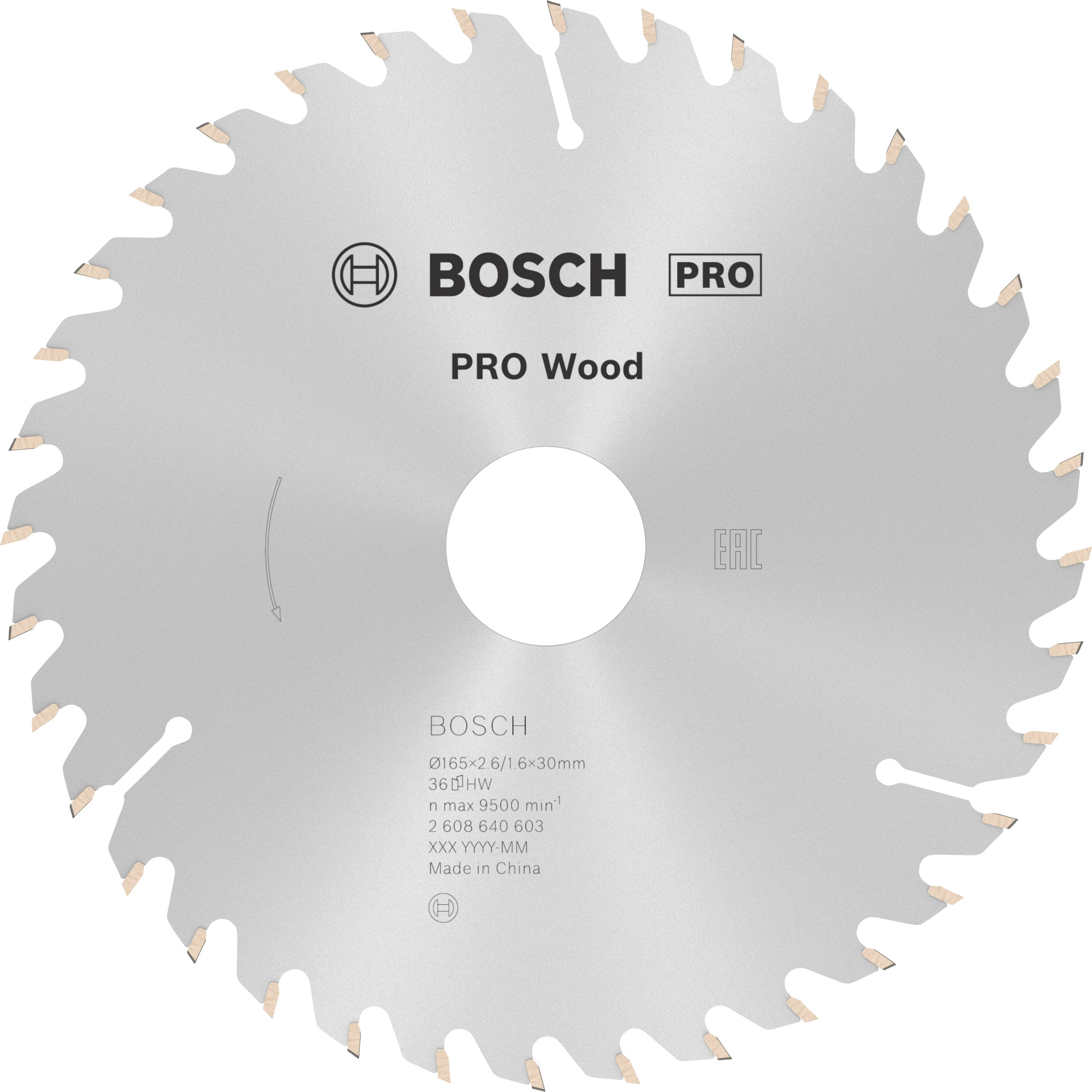 Lama per sega circolare con logo Bosch, scritta 'PRO Wood', diametro 216 mm, adatto per il legno, velocità massima 9500 giri/min.