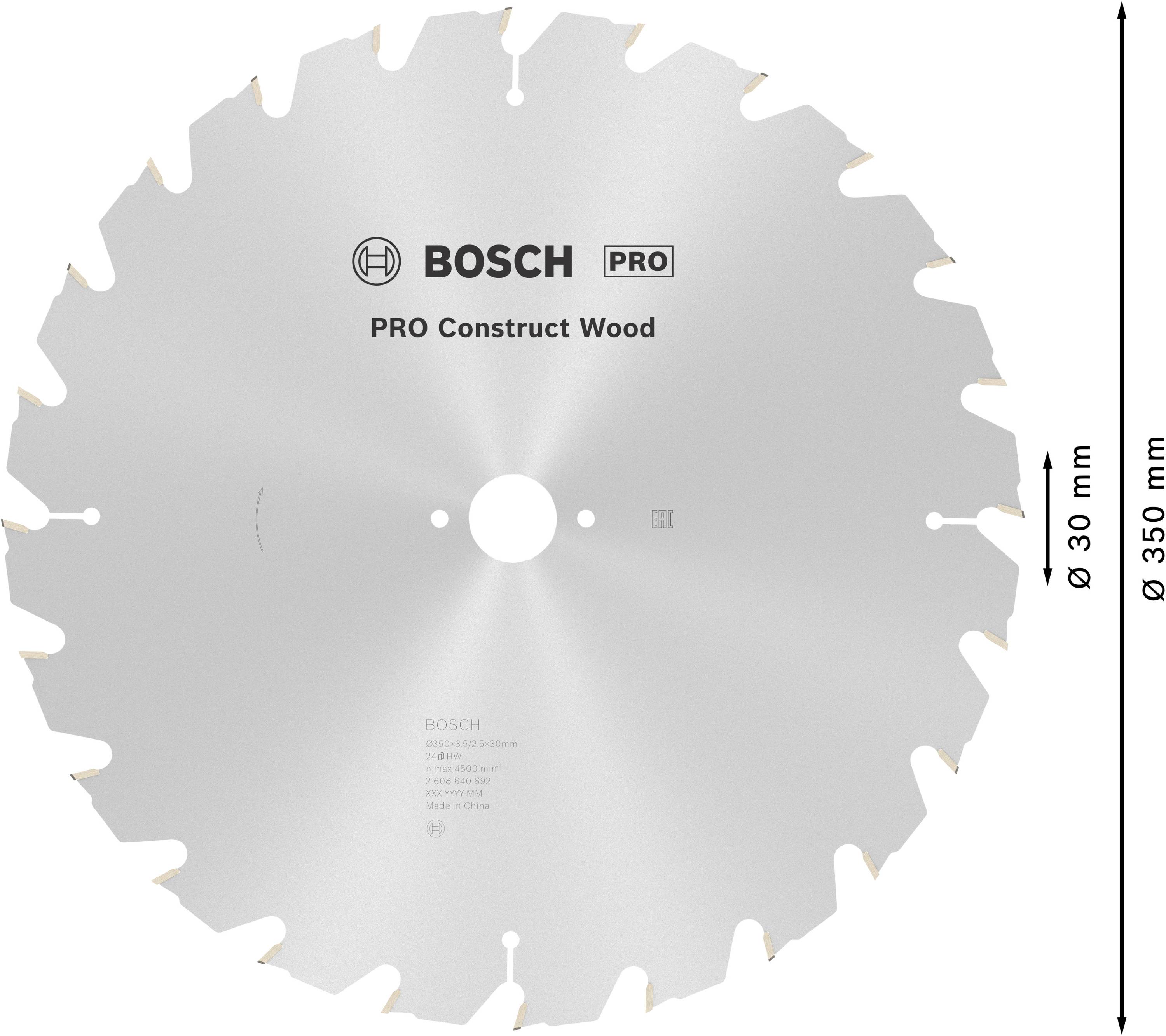 Lama per sega circolare con 24 denti, marca BOSCH PRO Construct Wood. Diametro: 350 mm, foro: 30 mm. Adatta per lavori in legno.