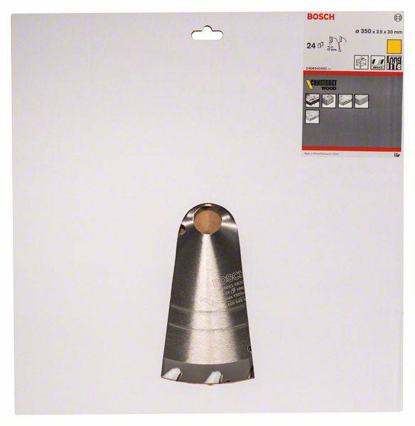 Imballaggio di una lama circolare Bosch con dimensioni 350 x 35 x 20 mm e 24 denti, adatta per il legno, illustrata.