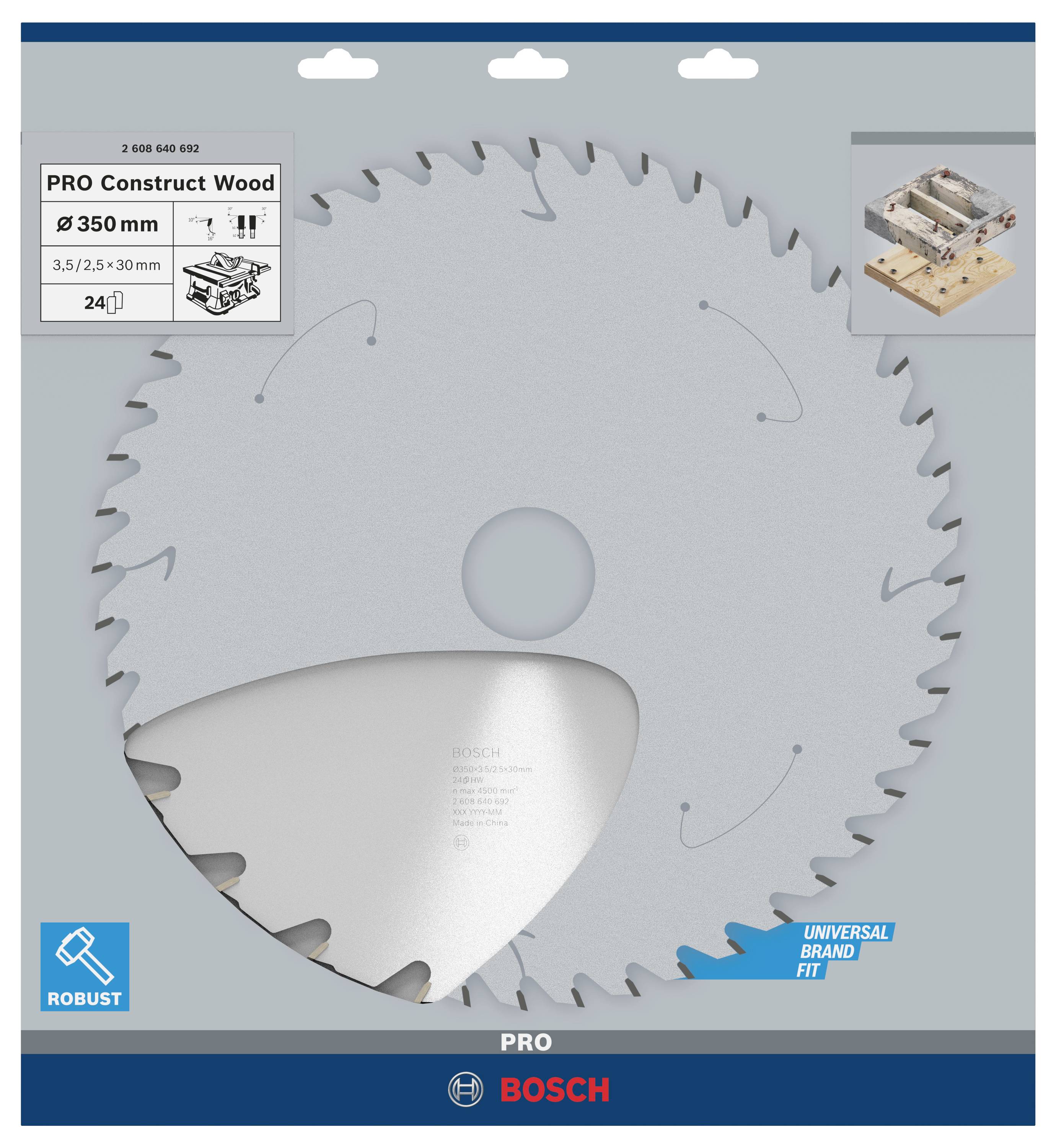Lama per sega circolare marca Bosch, modello PRO Construct Wood, diametro 350 mm, adatta per lavori in legno e compatibilità universale.