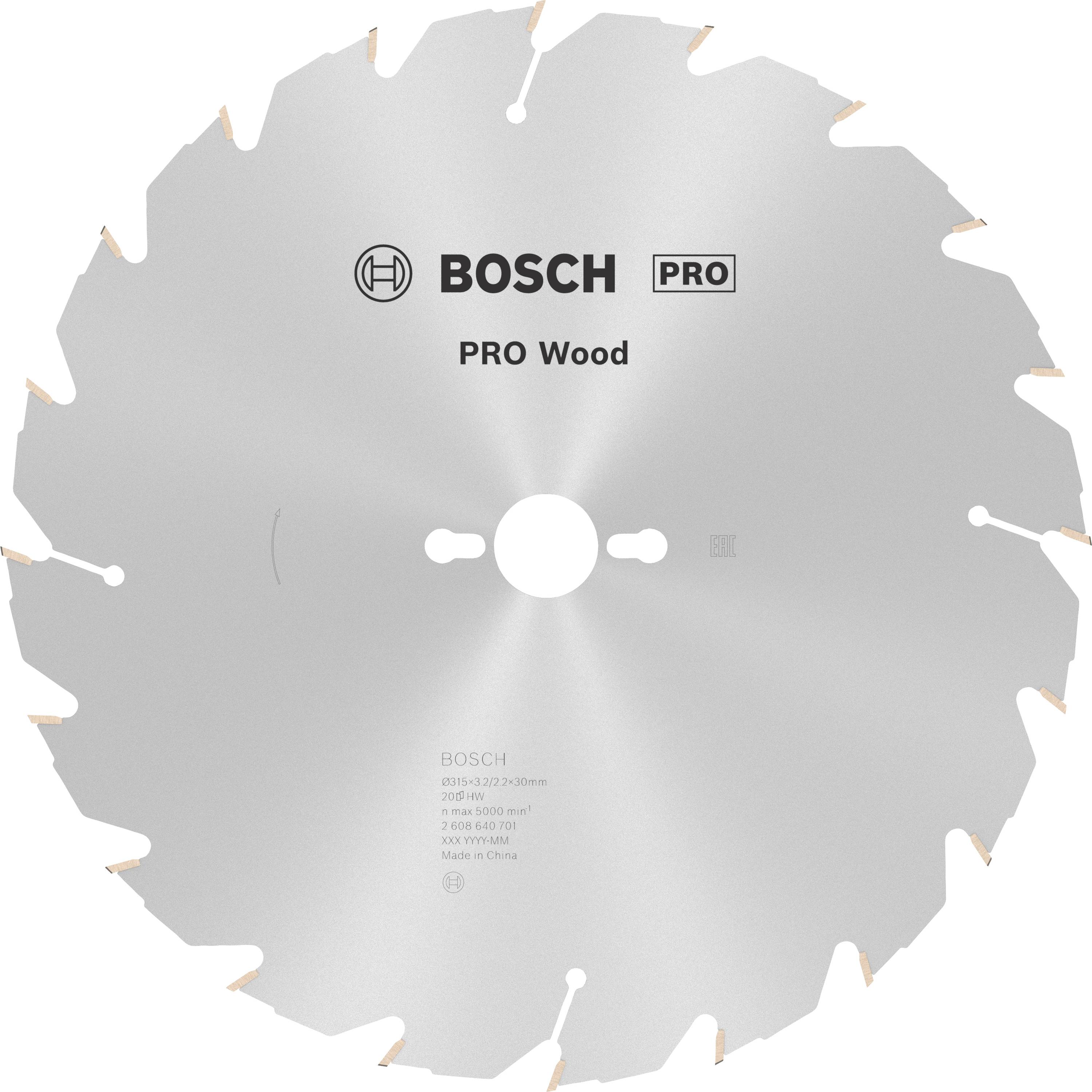 Lama per sega circolare Bosch con la scritta 'PRO Wood', adatto per lavori in legno. Mostra i denti e il foro centrale per il montaggio sulla macchina.