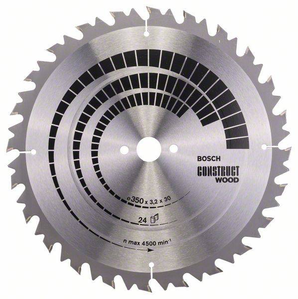 Lama circolare con denti e marcature nere su superficie argentata. Testo: 'Bosch Construct Wood', Diametro: 350 mm, Max. 4500 giri/min.