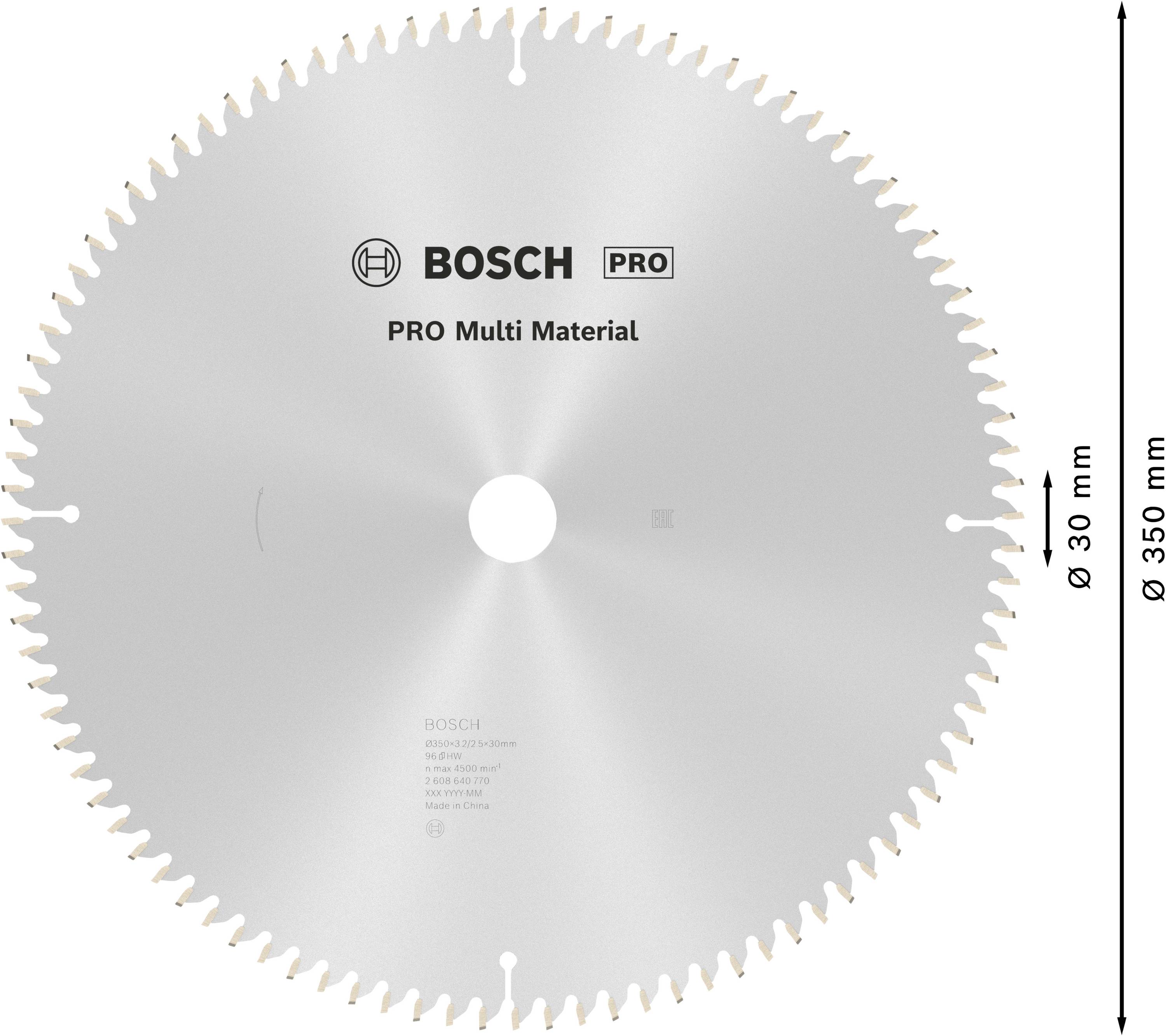 Lama per sega circolare con scritta 'BOSCH PRO Multi Material', diametro 350 mm, foro 30 mm, adatta per diversi materiali.
