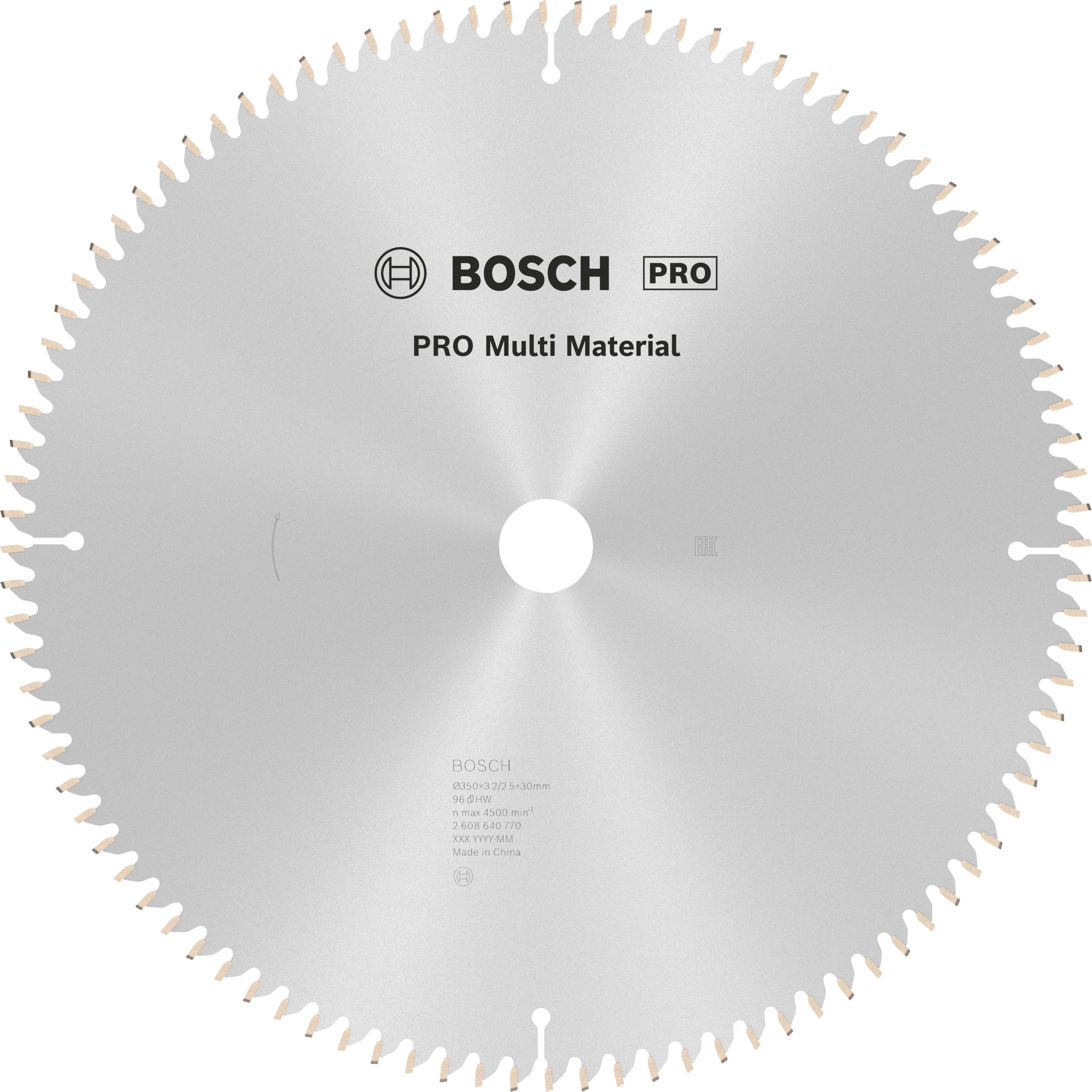 Lama per sega circolare Bosch, contrassegnata con 'PRO Multi Material'. Lama dentata argentata per la lavorazione di materiali versatili.